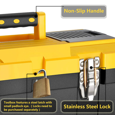 16.5 Inch Toolbox With Removable Tray And Dual Lock Stainless Steel Latches with non-slip handle and padlock