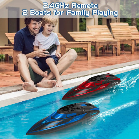 Two Pack Remote Control RC Boats For Pool Lake And River With LED Lights Waterproof Self Righting Fast Speed Racing Electric Boats Toy For Kids Ages 8 9 10 Years Old racing in pool with family