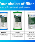 Product comparison between AP810, AP811, and AP817 filters. AP817: Upgrade Your Home Water Game With A Clean Fresh Taste Aqua-Pure.
