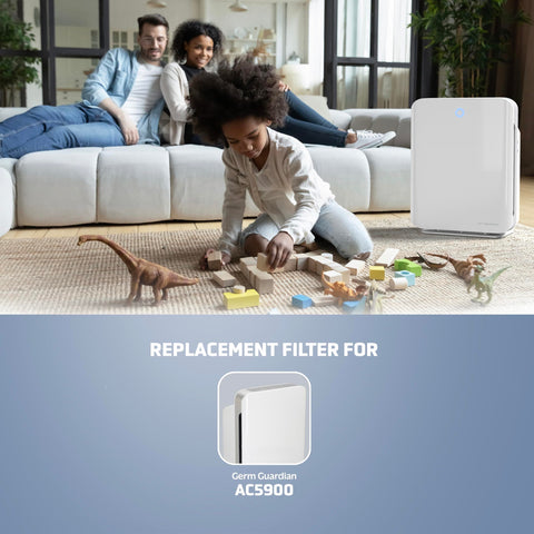 True HEPA Replacement Filter J For Air Purifier AC5900WCA displayed near playing child