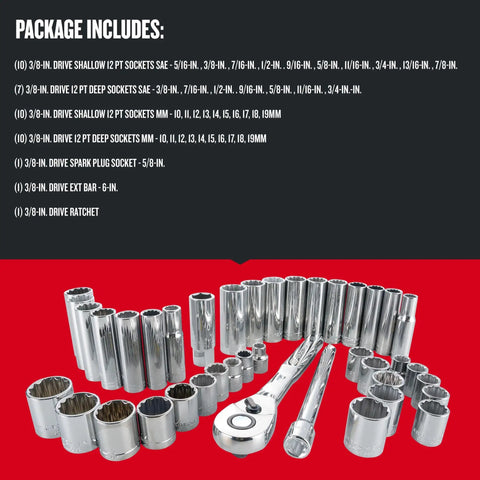 Full 40-piece mechanics tool set with SAE and metric sockets, 72-tooth ratchet, chrome finish, Mechanics Tool Set For The Garage.