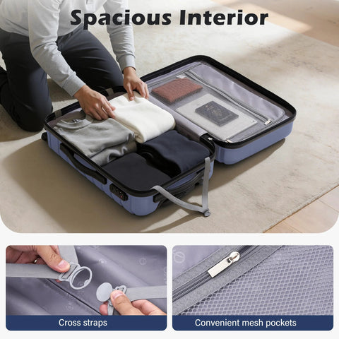 Luggage set: blue 3-piece hard-shell suitcases with spinner wheels, expandable, interior cross straps