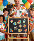 Children displaying colorful magnets from Summer Craft Fridge Magnet Kit for DIY Colorful Beach Fruit Ice Cream Magnets with 32 cards.