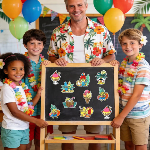 Children displaying colorful magnets from Summer Craft Fridge Magnet Kit for DIY Colorful Beach Fruit Ice Cream Magnets with 32 cards.