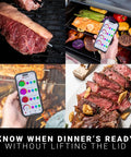 4 Probe WiFi Smart Meat Thermometer With Guided Cook System monitoring meat and grill with real time alerts on smartphone display.