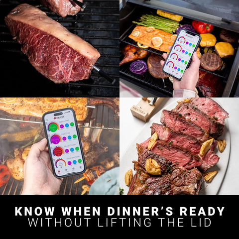 4 Probe WiFi Smart Meat Thermometer With Guided Cook System monitoring meat and grill with real time alerts on smartphone display.