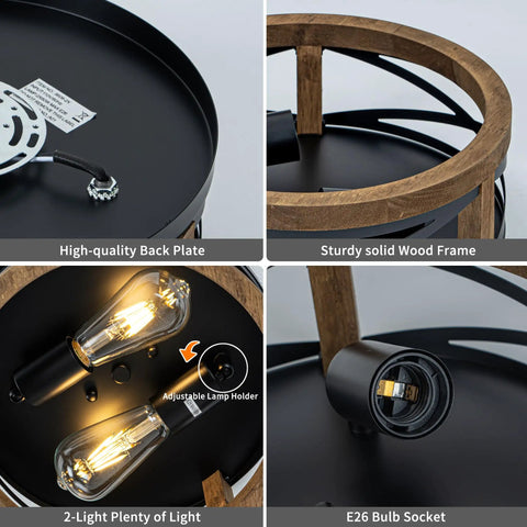 Farmhouse Round Flush Mount Ceiling Light With Wood And Black Metal Frame 2 Light Rustic Ceiling Fixture showcasing parts