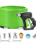 Sewer Jetter Kit For Pressure Washer With 100 Ft Hose And Short Gun, Button Nose, Rotating And Corner Nozzles, Quarter Inch NPT