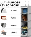 Ten-Tier Hanging Shoes Organizer For Closet In Grey, Space-Saving Vertical Shoe Rack With Durable Metal Dual-Hook Frame, holds hats
