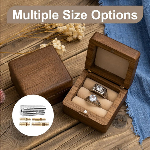 Open wooden jewelry box with 28pc Brass Jewelry Box Hinges Set With Barrel Concealed Hinges for wooden boxes and rings displayed