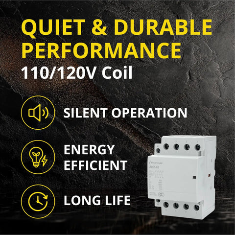 4 Pole AC Contactor With 120V Coil Normally Open, 60A IEC 400V Rating on dark background, highlighting silent operation and efficiency