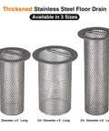 Three sizes of Beefy 4 Inch Commercial Floor Drain Strainer With A 6 Inch High Thick Stainless Steel Basket Finely Polished Finish Rust Resistant.