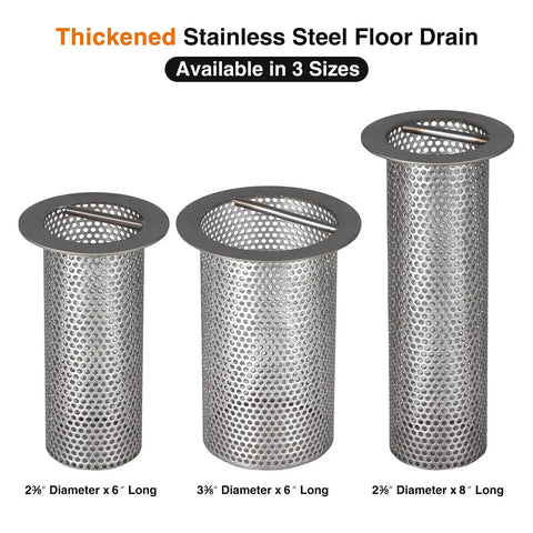 Three sizes of Beefy 4 Inch Commercial Floor Drain Strainer With A 6 Inch High Thick Stainless Steel Basket Finely Polished Finish Rust Resistant.