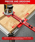 Bulletproof Adjustable Router Circle Cutting Jig For Compact Shop Setups Smooth Arc Routing and Super Precise Curved Edge Trimming Made Dead Simple on wooden surface with adjustable red guide.