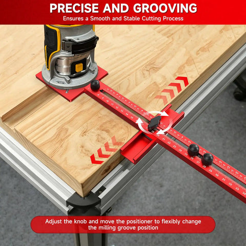 Bulletproof Adjustable Router Circle Cutting Jig For Compact Shop Setups Smooth Arc Routing and Super Precise Curved Edge Trimming Made Dead Simple on wooden surface with adjustable red guide.