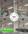 Ceiling Storage Hoist For Rooftop Carriers And Gear Heavy Duty Garage Pulley Lift System holds bikes, kayak, roof box over garage
