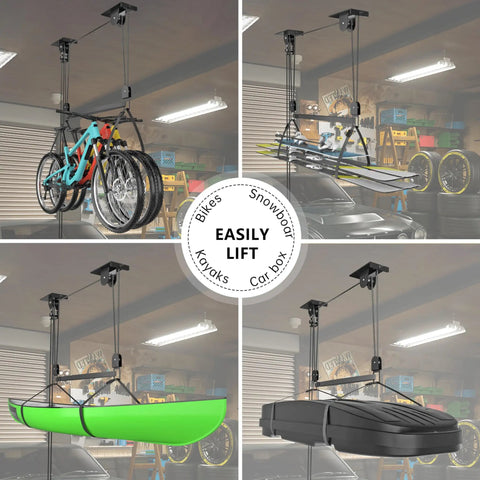 Ceiling Storage Hoist For Rooftop Carriers And Gear Heavy Duty Garage Pulley Lift System holds bikes, kayak, roof box over garage