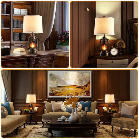 Rustic Farmhouse Lantern Table Lamps Set of 2 With USB Ports in a vintage living room setting, warm cozy lighting