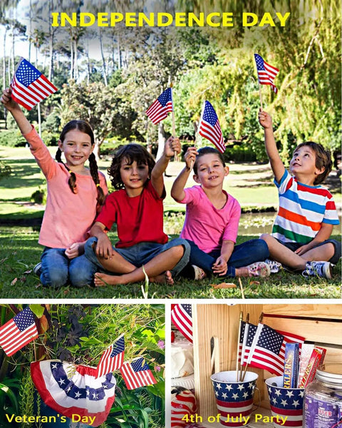 Children holding Pack Of 100 Small 4x6 Inch American Flags On 12 Inch Wood Sticks For Outdoor Use, celebrating Independence Day.