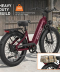 Fat Tire Electric Bike With 24In Wheels, 2000W Peak Motor, 48V 18.5Ah Removable Battery, 40 To 80 Mile Range, Step Through Full Suspension Ebike For Adults, Ideal For Commuting And City Cruising, Wine, shown near garage, with rear cargo rack.