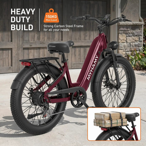 Fat Tire Electric Bike With 24In Wheels, 2000W Peak Motor, 48V 18.5Ah Removable Battery, 40 To 80 Mile Range, Step Through Full Suspension Ebike For Adults, Ideal For Commuting And City Cruising, Wine, shown near garage, with rear cargo rack.