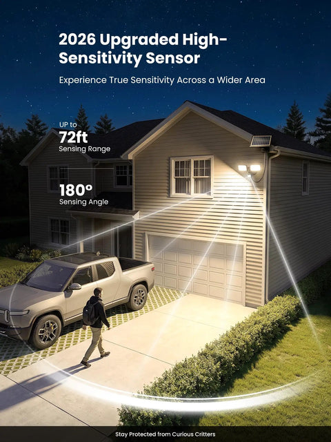 Onforu 36W Solar LED Security Lights, PIR Motion Sensor Outdoor, Yard with upgraded high-sensitivity sensor in night setting.