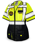 Women Class 3 High Visibility Safety Vest Featuring Cinched Elastic Waist Four Roomy Utility Pockets Snug Contour Tailored with mesh.