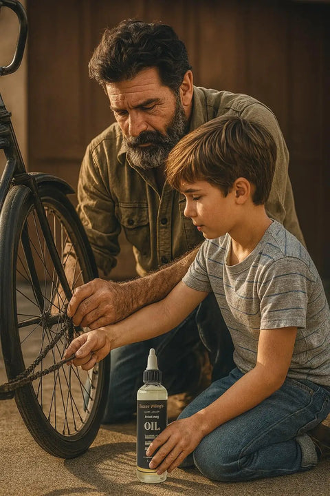 Father and son using Rugged Industrial Lubricating Oil For Tools And Machinery With Rust Prevention on bicycle chain