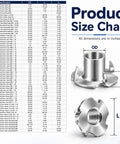 Product size chart and image of 20 Pcs T Nuts Set Four Prong And Three Prong Tee Fasteners Stainless Steel or Galvanized