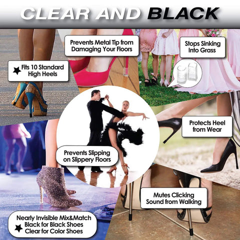 Clear Heel Cap Protectors For High Heels Kit, 10 Sizes, 10 Pairs, shown in various settings preventing damage and wear.