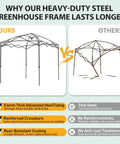 Comparison of heavy-duty steel frame structure with reinforced crossbars for 8x6 Portable Walk In Greenhouse Pop Up Indoor Outdoor Garden Shelter Kit With Zippered Doors And Windows PE Cover Clear Green No Tools Needed Center Lock Quick Setup against basic frame structure.
