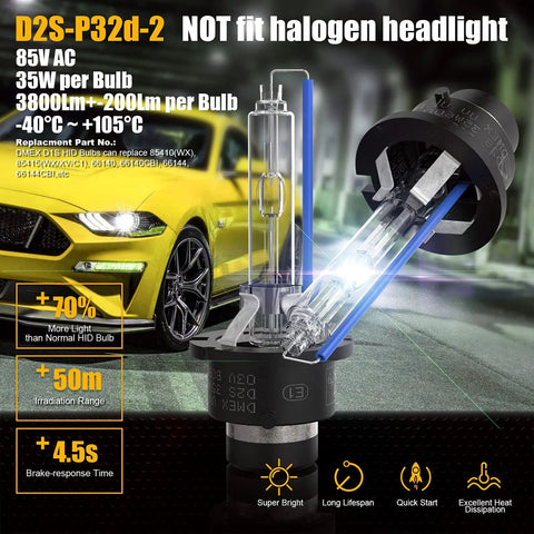D2S HID Xenon Headlight Bulbs 35W Replacement Pack Of 2 6000K Cool White For D2S Only Not For Halogen Headlights Up To 3800 Lumens Quartz Glass
