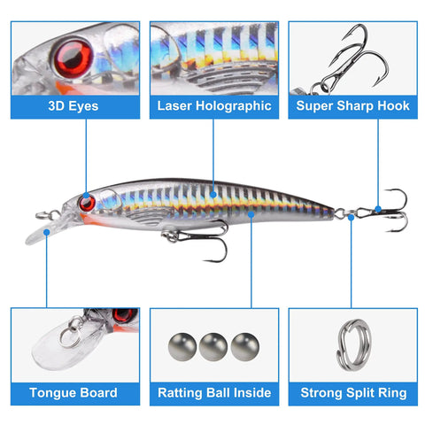 Saltwater Surf Fishin Lures Kit 6 Pack Assorted Jerkbaits Minnow Lures Hard Baits Popper Plugs with 3D eyes and sharp hooks