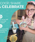 Child enjoying Kids Ice Cream Science Kit For Real Homemade Ice Cream With Reusable Tools And Visual Recipes, holding bowl and spoon.