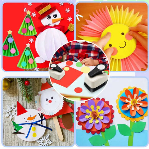 Circle Hole Punch Set For Crafts used in colorful DIY paper projects, showing three circle punches and finished craft decorations