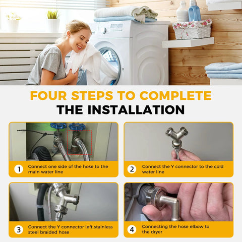 Steam Dryer Hose Installation Kit 6ft by AMI PARTS with stainless steel braided hose, 90° elbow infographic