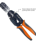 Pro Grade All In One RF Coax Tool Kit with Quick Change Crimper, showing quick release die sets and orange-black handles