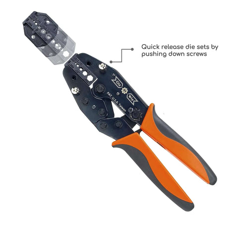 Pro Grade All In One RF Coax Tool Kit with Quick Change Crimper, showing quick release die sets and orange-black handles