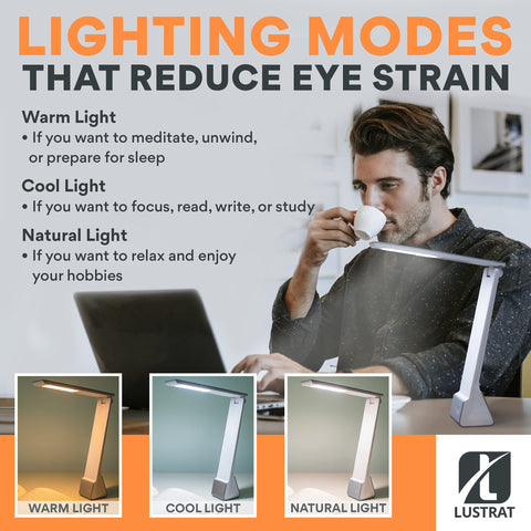 Man using Portable Rechargeable Led Desk Lamp With Three Light Modes For Home Office Dorm And Travel Grey Minimalist Table Lamp.