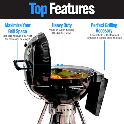 Grill with elevated cooking grate that frees up grill space for tailgating and backyard BBQs heavy duty stainless steel fits Weber and other grills adds 180 extra square inches for ribs veggies and big feasts