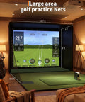 11' X 8' Indoor Golf Simulator Enclosure Kit With 4K Ready Impact Screen in home setup with measurements visible
