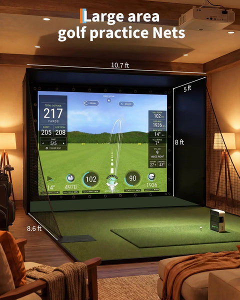 11' X 8' Indoor Golf Simulator Enclosure Kit With 4K Ready Impact Screen in home setup with measurements visible