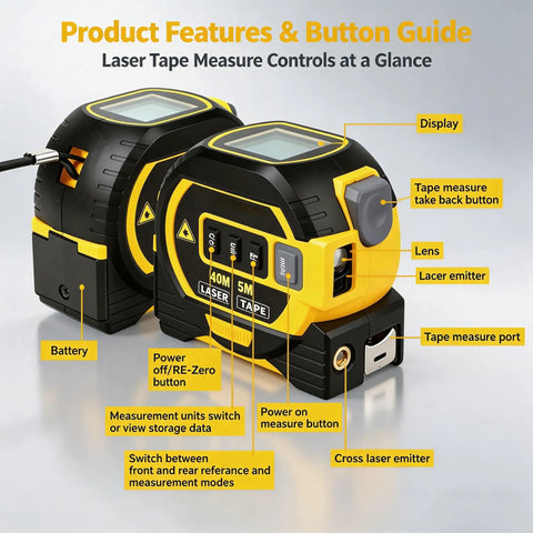 3-in-1 Laser Tape Measure with Cross Line Level,40m/131ft Laser Distance Meter,5m Auto-Lock Tape Measure controls and features