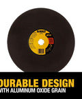 Front view of DEWALT 14-inch metal cut-off blade; abrasive wheel with yellow center label
