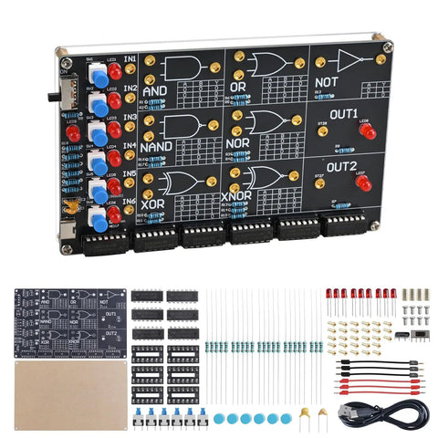 DIY Logic Gate Soldering Kit For Beginners With Interactive LED Simulation showing components and circuit board layout