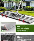 Heavy Duty Lawn Leveling Rake With 30 By 10 Inch Stainless Steel Head And Adjustable 78 Inch Handle showing anti-tip curved edge comparison.