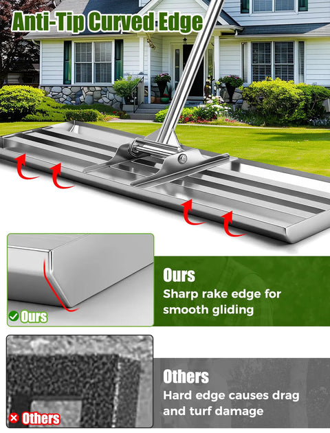 Heavy Duty Lawn Leveling Rake With 30 By 10 Inch Stainless Steel Head And Adjustable 78 Inch Handle showing anti-tip curved edge comparison.