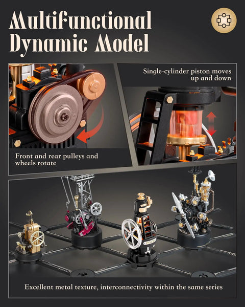 Thermo Engine 3D Puzzle With Realistic Lighted Furnace, DIY Building Kit For Adults, Interactive Mechanical Model, Desk Decor, Gift For Tech Nerds, Mechmix Series Compatible And Expandable showing rotating pulleys and piston