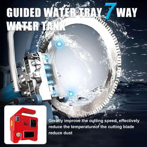 8800W Wet Masonry Ring Saw With Anti Vib Cushion Grip And Water Cooling, featuring guided water tray and cutting blade.