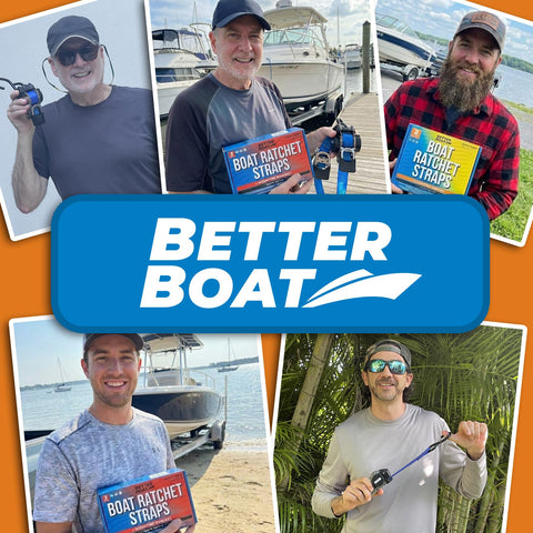 Collage of people holding Beefed Up Stainless Steel Heavy Duty Retractable Ratchet Straps Set by Better Boat, next to boats.